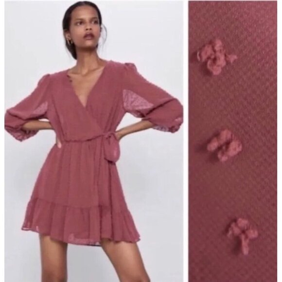 Zara Dresses & Skirts - ZARA Rose Clip Dot Romper Dress women's M coquette ruffled tie flirty plunge